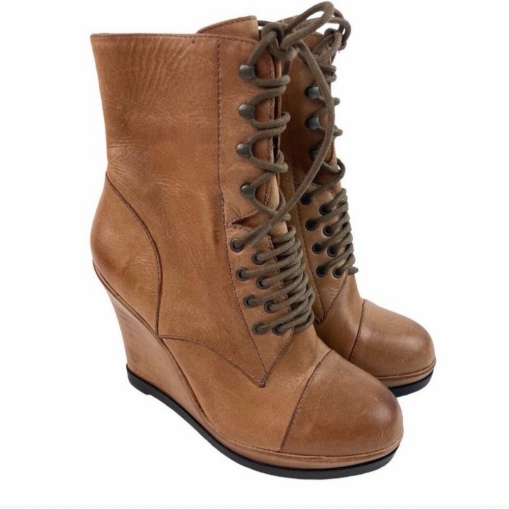 Vince Camuto Cognac Lace-Up Wedge Ankle Boots